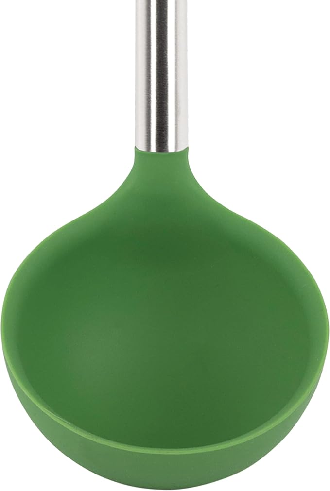 Tovolo Silicone Cooking Utensil Set of 6 Stainless Steel Handle Ladle Slotted Turner Tongs Flex Core Spatula Scraper Mixing Spoon & Potato Masher, Dishwasher Safe BPA Free Utensils, Pesto Green