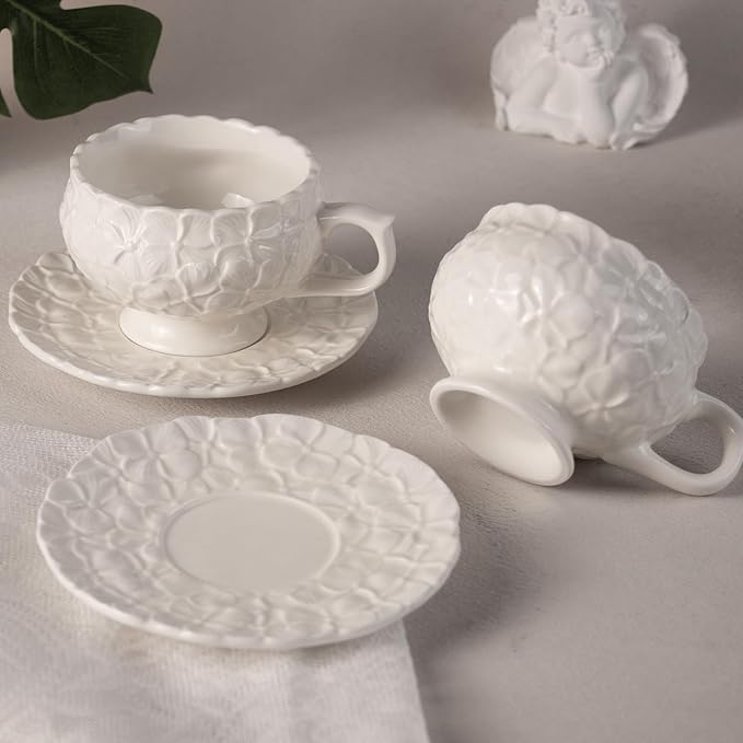 KAMMAK Tea Cups and Saucers Set of 2, Porcelain Coffee Cups, 8.5-Ounce Stackable Espresso Mugs, Ceramic Demitasse for Coffee, Latte, Americano, Tea, White Flower