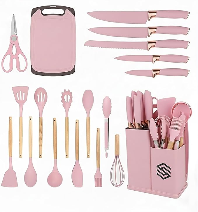 19 PCS Pink Silicone Cooking Utensils Set with Wooden Handle & Knife Set Block, Heat-Resistant Spatula, Spoon, Ladle, Whisk with Holder – BPA Free, Silicone Kitchen Utensil Set for Cooking & Baking