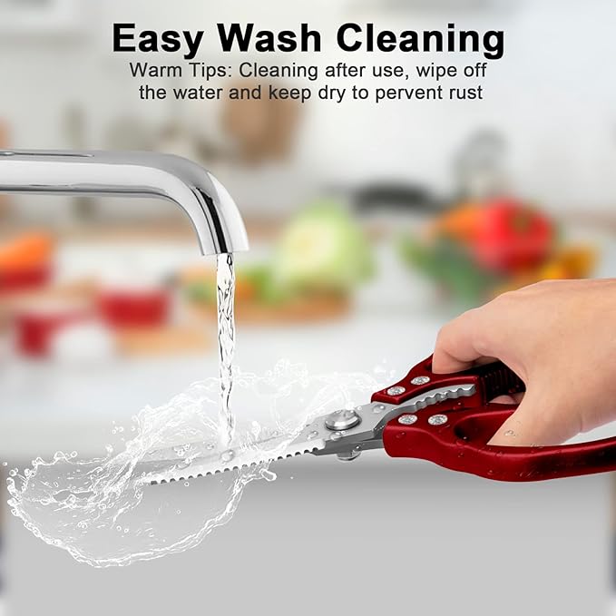 CGBE Kitchen Scissors All Purpose Heavy Duty, Ultra Sharp Stainless Steel Kitchen Shears Dishwasher Safe, Cooking Shears for Chicken, Poultry, Fish, Meat, Herbs & Grapes with Non-Slip Grips (Red)