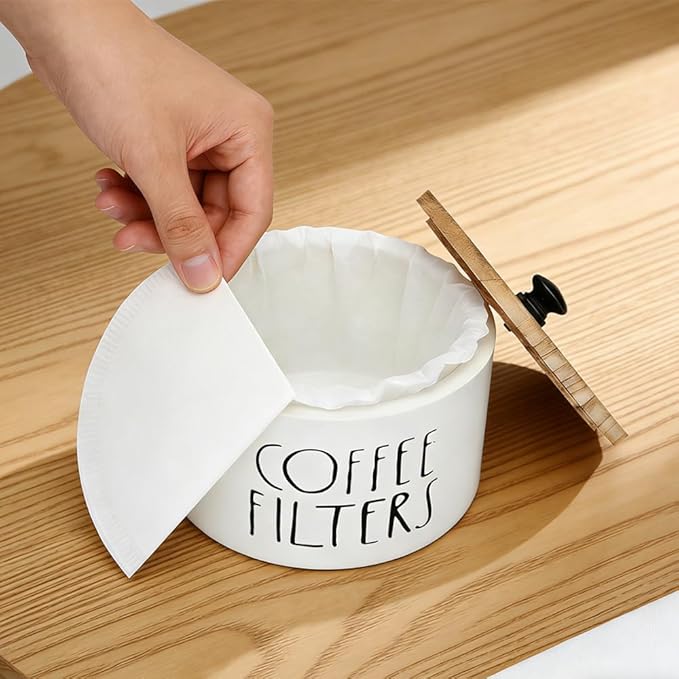 1 Pack White Coffee Filter Holder with Bamboo Lid - Large Capacity Metal Coffee Filter Dispenser Pod Organizer Basket, Bar Counter Decor Accessory