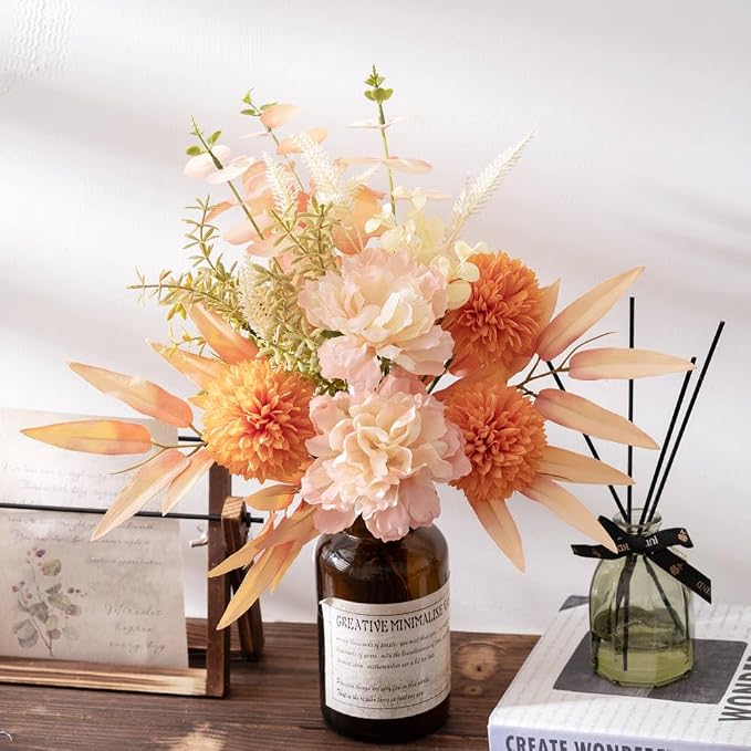 KIRIFLY Artificial Fake Flowers Plants Silk Flower Arrangements Wedding Bouquets Decorations Plastic Floral Table Centerpieces for Home Kitchen Garden Party Décor (Pink Orange)
