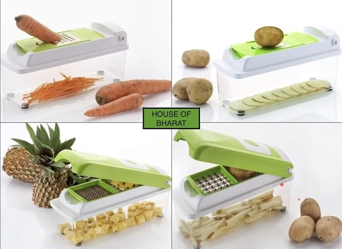 12-in-1 Vegetable Chopper and Spiralizer, 12 Premiun SS Steel Blades Heavy Duty Build with Container, Cheese Grater, Fruit Slicer, Mandoline Slicer, Onion Mincer, French Fry And Salad Cutter(Green)