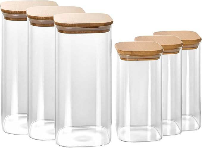 68 ounces (set of 3) and 32 ounces (set of 3), transparent glass containers with airtight bamboo lids — ideal for storing overnight oats, coffee, spices, candies, flour, etc.,