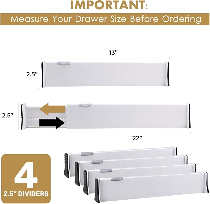 RAPTUROUS Adjustable Drawer Dividers 4 Pack, 2.5" High, 13-22" Long, Dresser Drawer Organizer for Bedroom, Closet, Kitchen, Nursery, Office, Strong Hold, Soft Foam Edges, White