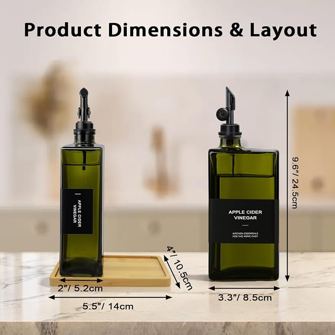 Olive Oil Dispenser Bottle for Kitchen with Bamboo Tray- 16.9oz Glass Oil and Vinegar Dispenser Set, Soy Sauce & Syrup Bottle, Modern Hostess Gift (Green, Set of 2)