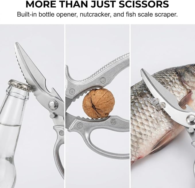 News Stainless steel Bone Cut Kitchen Scissors, Non-Slip Handle & Safety Lock, All Purpose Kitchen Shears for Chicken, Meat Cutting, Turkey, Fish, Vegetables, Spring Loaded, Dishwasher Safe (3)