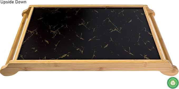 Large Serving Tray - Bamboo Wood Rectangle with Round Handles - Great Coffee Table or Ottoman Platter Decorative Trays - Breakfast, Dinner, Eating Food in Bed, or Tea Tray W/Raised Edge 18x12 Black