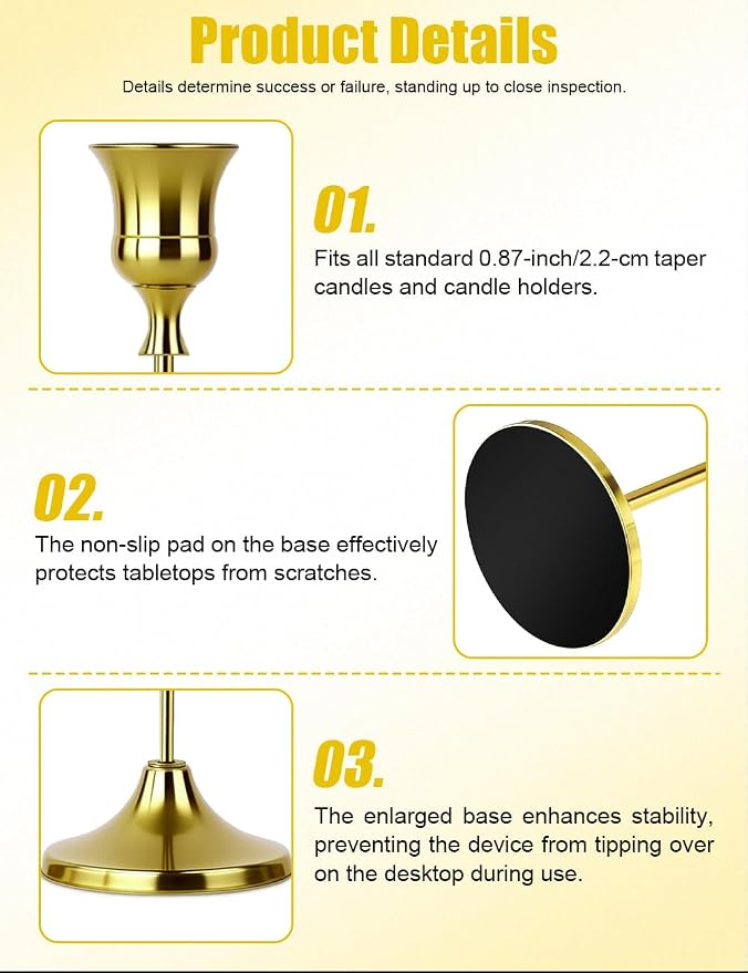 4 Sets(12 Pcs) Brass Tapered Candle Holder,Candlestick Tall Metal Candlestick Holders for Table Centerpiece Home Decor for Wedding Fireplace Mantel Housewarming Gift Fits 3/4 Inch Thick Candles