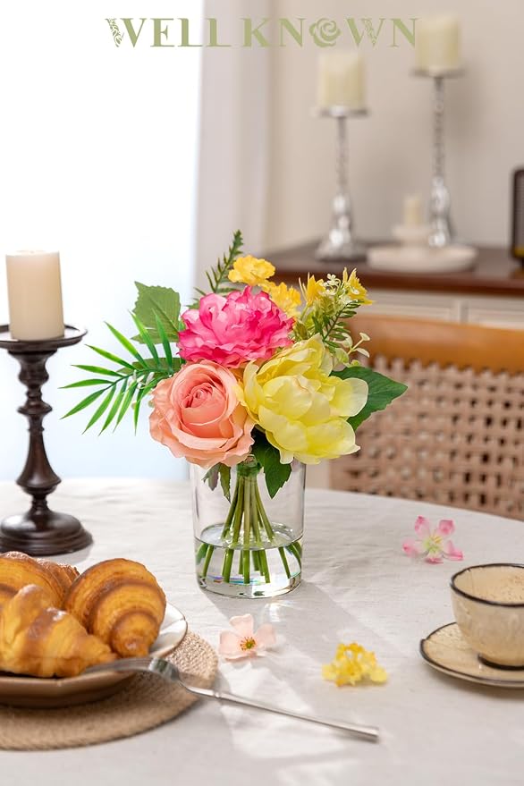 WELL KNOWN Artificial Flowers in Glass Vase, Spring Flowers Silk Rose Peony Bouquet for Home Dining Table, Office, Hotel, Wedding, Party, Lavatory Decor & Birthday Gift (Hot Pink, Coral & Yellow)
