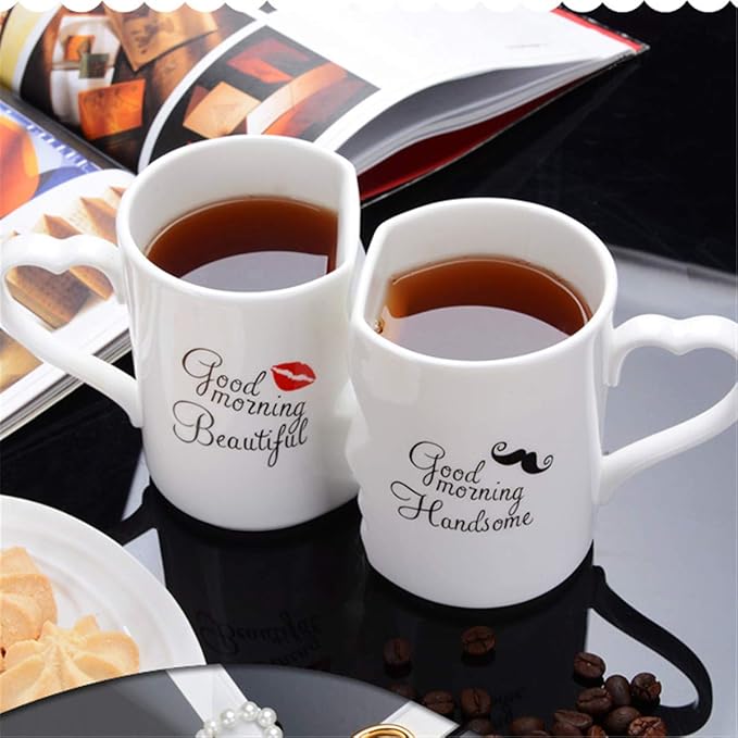 Creative Kissing Mugs Set, Ceramic Couple Coffee Mug with Lid - Good Morning Beautiful and Good Morning Handsome - 12 OZ White Tea Cup Set for Anniversary, Wedding, Birthday Gift