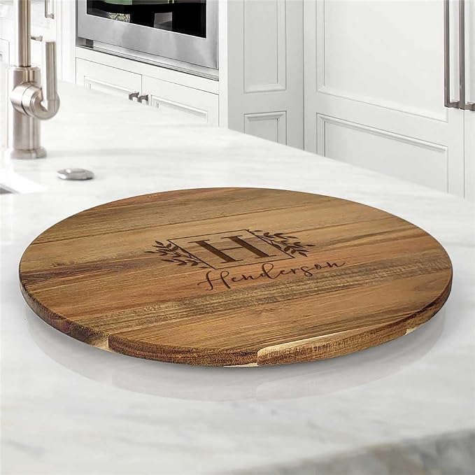Engraved Name and Initial Personalized Lazy Susan, 16" Rotating Tray Brown