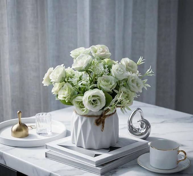 TKAS Fake Flowers Arrangement in Ceramic Vase, Artificial Faux Silk Roses, Small Realistic Dried-Style Floral, Dining Table Centerpiece for Wedding Party Home Decoration (Green)