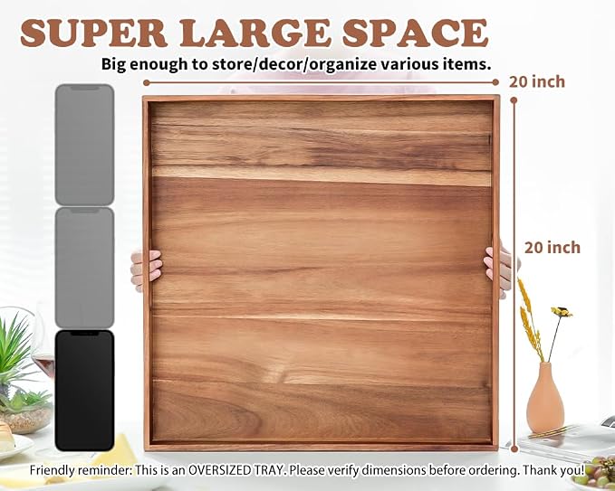 Large Ottoman Tray for Living Room, 20" Extra Large Wooden Tray for Ottoman Square Big Acacia Serving Trays with Handles for Coffee Table, Breakfast, Appetizers, Dinner