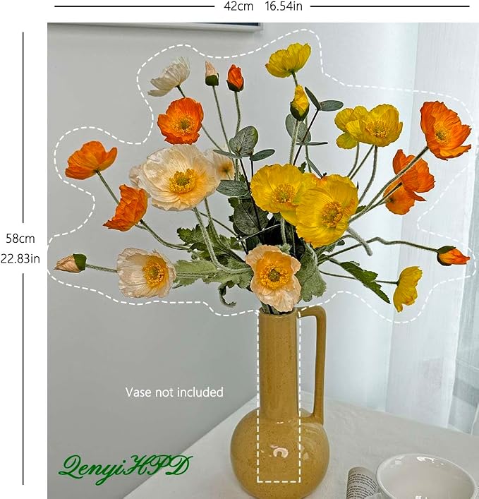Poppy Artificial Flowers and Eucalyptus Stems, Fake Orange and Yellow Champagne Flowers, Silk Flowers Arrangement for Wedding Party Farmhouse Home Office Table Centerpieces Decoration