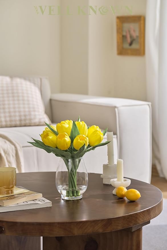 WELL KNOWN 12 Pcs Fake PU Tulips Artificial Flowers in Vase with Faux Water, Spring Summer Yellow Flower Arrangement with Glass Vase for Home Wedding Party Decor Dining Table Centerpiece & Gift