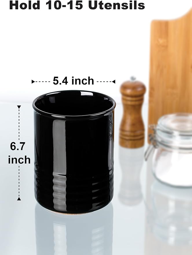 ABRUTY Utensil Holder, 6.7" Ceramic Kitchen Utensil Crock for Countertop Cooking, Modern Utensil Caddy Jar Organizer for Farmhouse Kitchen Counter Decor (Black)