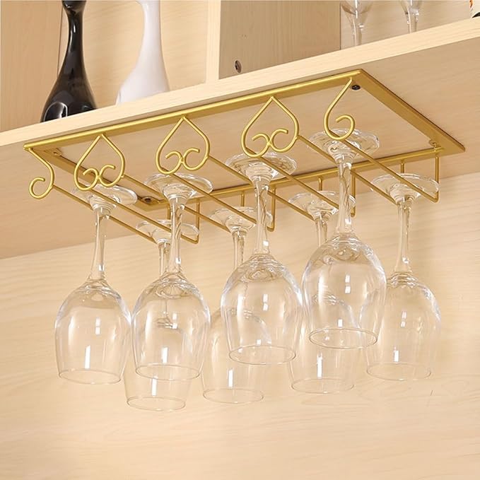 Wine Glass Rack Under Cabinet, Metal Wine Glasses Holders, Hanger Storage Organizer Hanging Glass, fit for Bar Kitchen 4 Rows(Brown)
