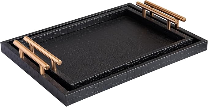 Modern Elegant Large Wood Serving Tray, Set of 2 Black Crocodile Leather with Gold Polished Metal Handles, Home Decorative Rectangle Ottoman Decor Platter Living Room Bathroom Vanity Tray