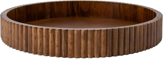 Ribbed Wood Decorative Tray, 16.5-Inch Round with Walnut Finish for Table Centerpieces