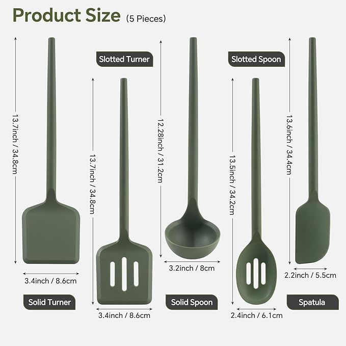 Silicone Kitchen Cooking Utensils Set – 5Pcs Extra Long & Thick Heat Resistant Kitchen Gadgets, BPA Free Non-Stick Cook Tools for Food Prep, Frying, Serving and Basting
