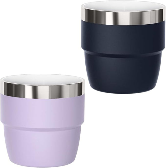4 oz Small Espresso Cup, Ceramic-Lined 18/8 Stainless Steel, Double-Wall Vacuum Insulated, Stackable, Dishwasher Safe, Fits Most Espresso Machines, for Espresso Shots (Lilac & Navy, 2 Pack)