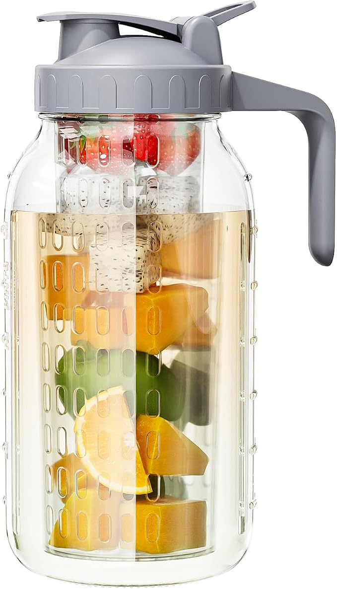 64 oz Glass Pitcher with Lid, Heavy Duty Wide Mouth Mason Jar with Pour Spout, Tea Jug Airtight Seal for Freshness and Convenience, Great for Cold Beverages, Breast Milk and Infused Drinks