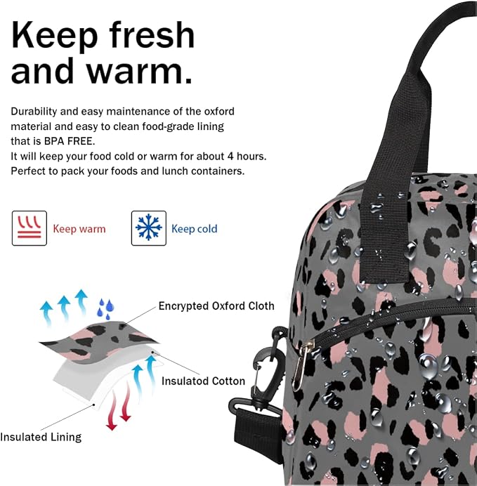 Luxury Grey Leopard Cheetah Insulated Lunch Bag for Women Men Adult Lunch Tote Bag with Shoulder Strap Reusable Lunch Box Large Containers Thermal Cooler Bag for Work School Picnic Lightweight Handbag