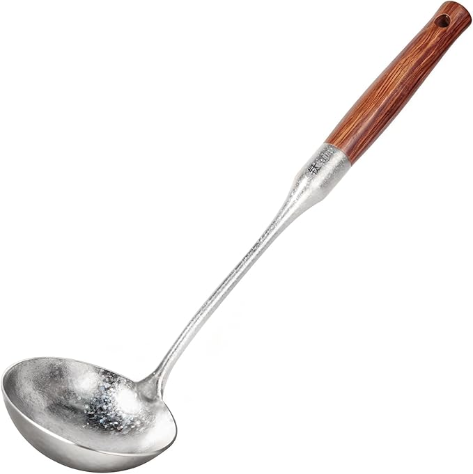 Newness Soup Ladle, [Rustproof, Heat Resistance] Resilient Pure Titanium Soup Spoon with Long Ergonomic Natural Wooden Round Handle, Non-Toxic Cooking Spoon for Kitchen, 14.56 Inches