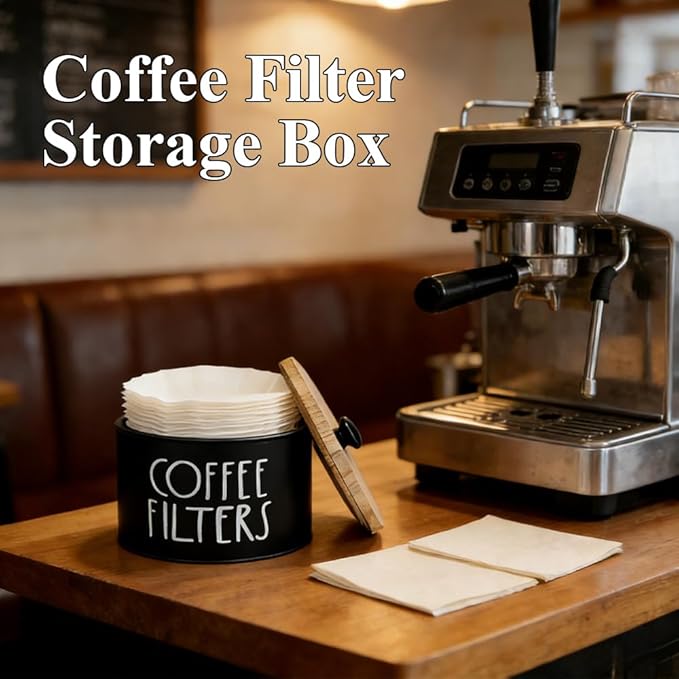 2 Pack Black Coffee Filter Holder with Bamboo Lid - Large Capacity Metal Coffee Filter Dispenser Pod Organizer Basket, Bar Counter Decor Accessory