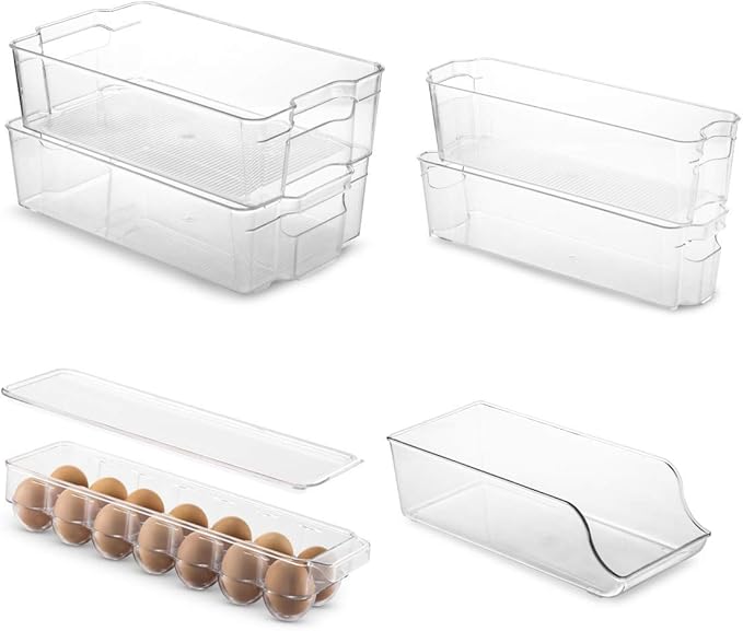 Set Of 6 Refrigerator Organizer Bins - Stackable Fridge Organizers for Freezer, Kitchen, Countertops, Cabinets - Clear Plastic Pantry Storage Racks