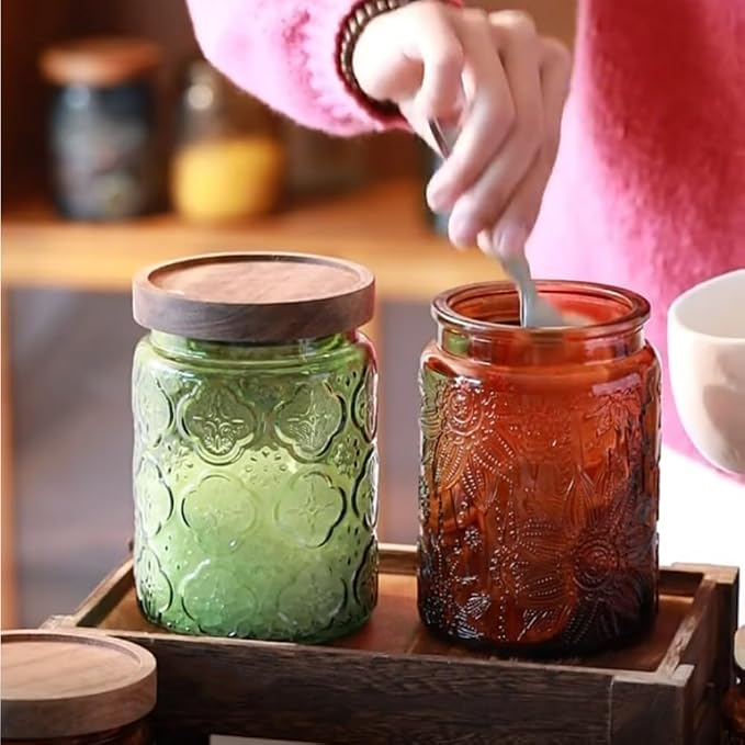 ANSQU Set of 2 Vintage Glass Kitchen Storage Counter Jar, 23.7 FL OZ Candy Jars with Lids, Coffee Container for Ground Coffee, Mason Jar Hold Tea, Sugar, Bath Salts & More (Amber, 2 Pack)