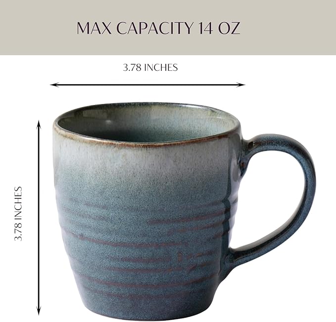 Ava Nord 14 oz Coffee Mugs Set of 4, Ceramic Coffee Mugs with Handle – Reactive Glaze Stoneware Coffee Mug Set for Tea, Latte, Cappuccino, Cocoa, Hot Chocolate – Microwave & Dishwasher Safe - Blue