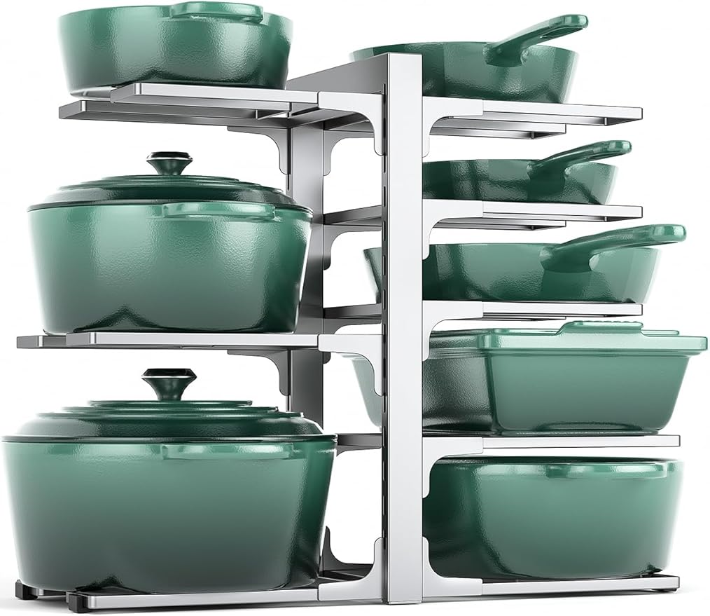 MUDEELA 8-Tier Pots and Pans Organizer under Cabinet, 15.83" Height Heavy Duty Pot Pan Organizer Kitchen Cabinet Organization and Storage, Adjustable Pot Rack for Frying Pan, Cast Iron Skillet, Sliver