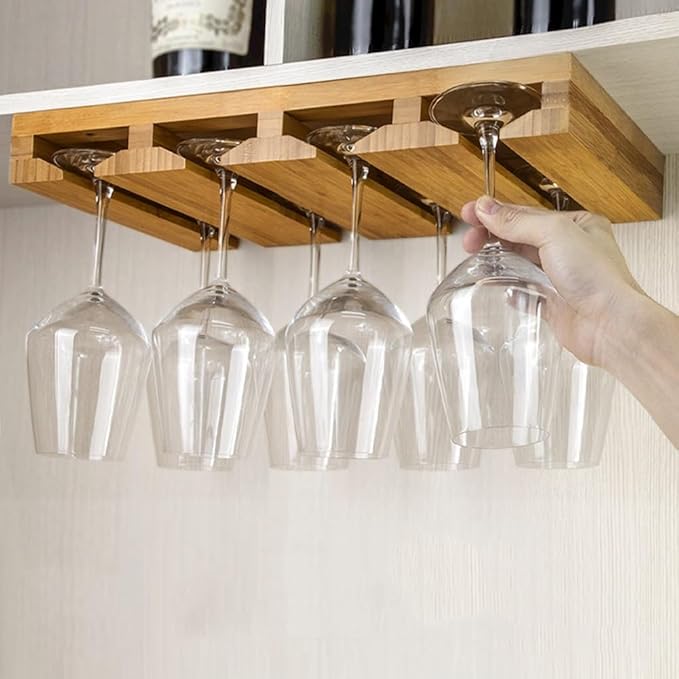 4 Sectional Under Cabinet Wood Wine Glass Rack，Hanging Shelf Stemware Rack Bar Organizer with Up to 1 Row 2 Wine Glass Storage(4 Rows)