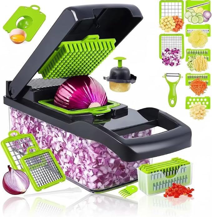 14-in-1 Vegetable Chopper with Container – Onion Chopper, Dicer, Slicer & Grater, Food Chopper with Stainless Steel Blades, BPA-Free, Easy Clean, Green