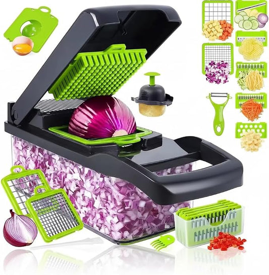 14-in-1 Vegetable Chopper with Container – Onion Chopper, Dicer, Slicer & Grater, Food Chopper with Stainless Steel Blades, BPA-Free, Easy Clean, Green