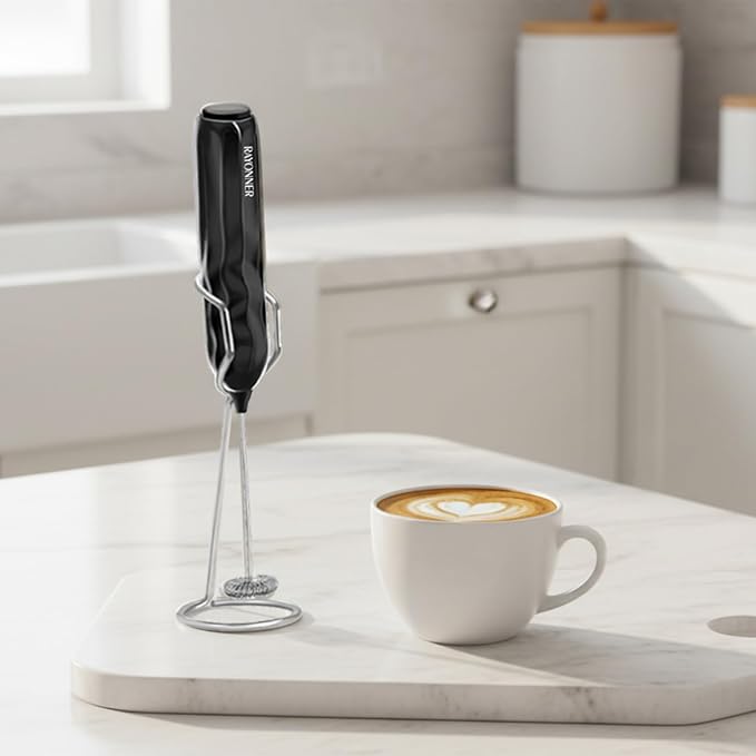 RAYONNER Milk Frother Handheld Fast Powerful Drink Mixer with Stainless Steel Whisk for Coffee (2Pack Black with Stand)