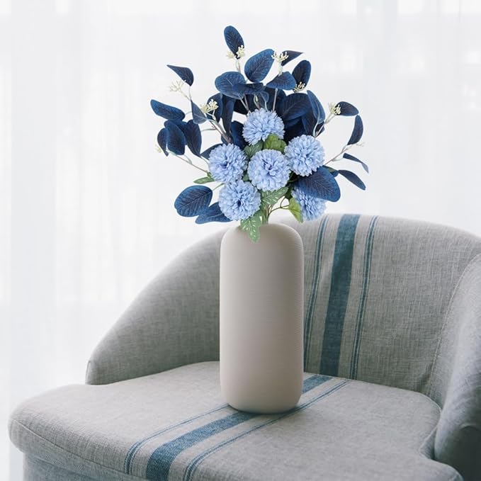 Blue Chrysanthemum Silk Flowers for Decoration Faux Flowers Bouquet for Vase Home Decor Indoor Table Centerpieces Dining Room Floral Arrangement (Without Vase, Dark Blue)