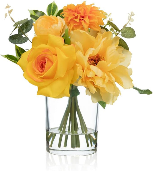 WELL KNOWN Artificial Flowers in Glass Vase with Fake Water, Silk Peony Rose Flower Bouquet for Home Dining Table, Office, Hotel, Wedding, Birthday Party, Lavatory Decor & Mom's Gift (Yellow & Orange)