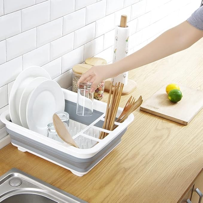 J&V TEXTILES Collapsible Dish Drying Rack - Popup for Easy Storage, Drain Water Directly into The Sink, Room for Eight Large Plates, Sectional Cutlery and Utensil Compartment, Compact (Gray)
