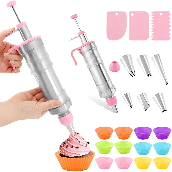 Dessert Decorating Syring-e Set,Frosting Piping Kit,Stainless Steels Cake Decora ting Kit with 6 Pipings Tips & 12 silicone cupcakes,Cupcake Decorating Kit Piping Bags and Tips Set
