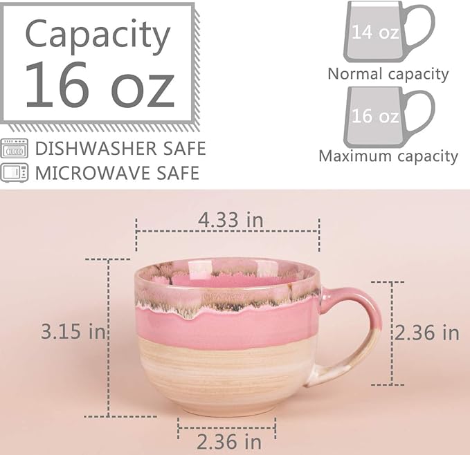 Bosmarlin Large Ceramic Coffee Mug Set of 2, Stoneware Jumbo Latte Mugs Tea for Office and Home, 16 Oz, Dishwasher and Microwave Safe(Pink, 2)
