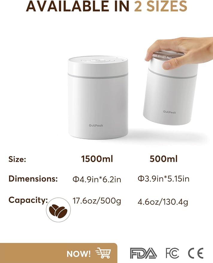 OUTPEAK Neo 2026 Auto Vacuum Coffee Canister, 0.5L for 4.6oz Coffee Beans, One-Button Operation, Small Airtight Coffee Canister with Scoop, Coffee Storage Container Stainless Steel (Champion's Choice)