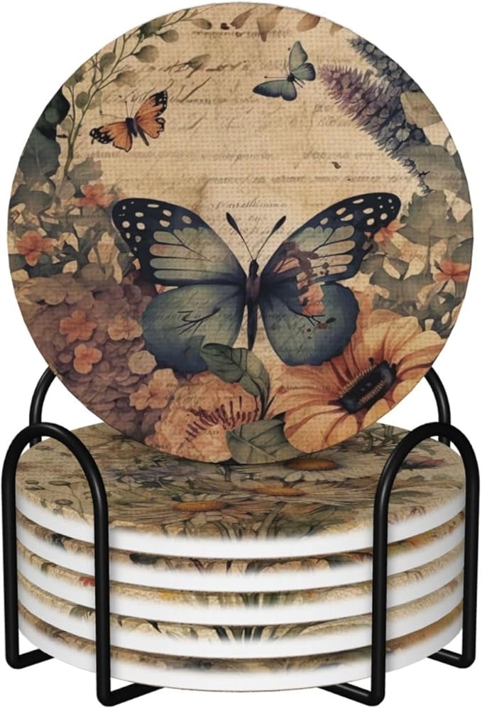 Boho Floral Vintage Flower 6 Pcs Coaster Set with Holder Round Ceramic Coasters Pretty Romantic Blossom Daisy Butterfly Absorbent Cup Drink Coasters Set for Modern Coffee Table Bar Wine Beer Protect