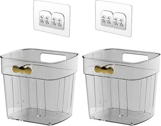 2 Pack Adhesive Cabinet Door Organizer, Compact Kitchen Under Sink Organizer, Clear Small Storage Container for Pantry Shelves, Wall Mounted Bathroom Shower Caddy Hanging Closet Organizer