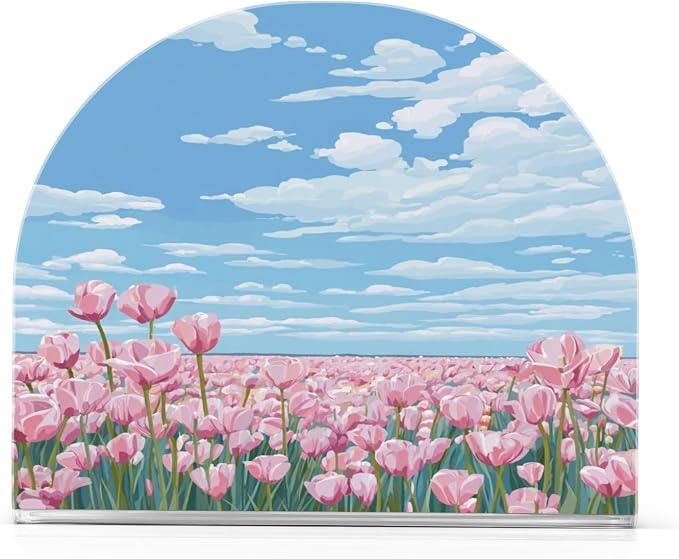 Napkin Holder Acrylic Napkin Holder for Table Kitchen Party Restaurant U Shaped Upright Napkin Dispenser Organizer Pink Tulip Field and Blue Sky