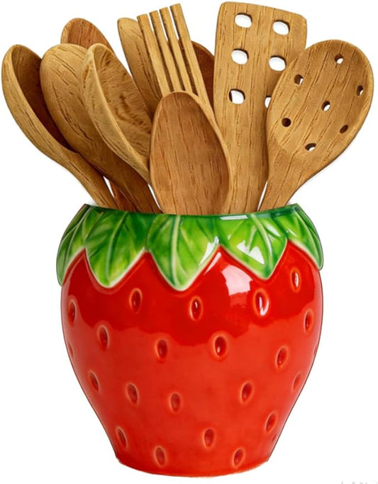 FYSUIMU 3D Strawberry Ceramic Utensil Holder Cute Red Utensil Crock Cooking Tool Storage Organizer Container for Spring Summer Home Kitchen Countertop Decor