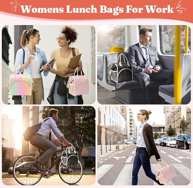 LOKASS Lunch Bag for Women, Insulated Lunch Box, 12L Large Capacity Wide Open Lunch Tote, PU Leather Leakproof Thermal Lunch Bag for Office Work Daily Use