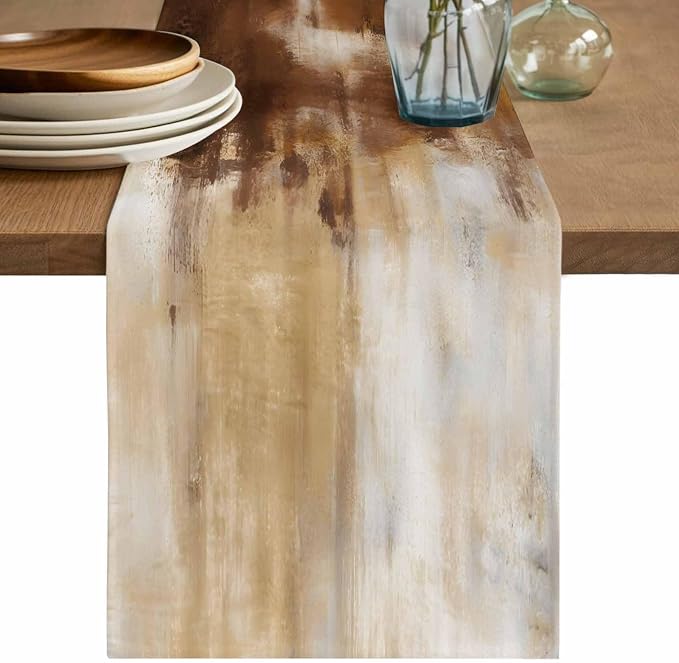 Abstract Minimalist Table Runners 108 Inches Long, Cotton Linen Fabric Table Runner Dresser Scarf, Modern Bohemia Aesthetic Ombre Brown Tablerunner for Party/Kitchen/Dinner/Wedding Decor 13"x108"